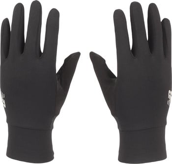 Schwarze Handschuhe mit weißem Logo, von vorne gezeigt.