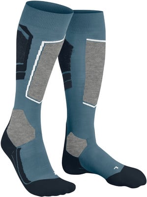 Blaue Skisocken mit grauen und schwarzen Details für Halt und Dämpfung. Blaue Skisocken mit grauen und schwarzen Details für Halt und Dämpfung.