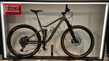 Ein vollgefedertes Mountainbike mit Dämpfer, Maxxis-Reifen und braunen Pneus.