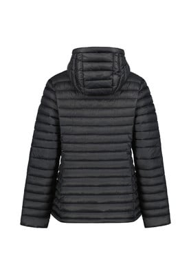Rückansicht einer schwarzen Daunenjacke mit Kapuze und horizontaler Steppung.