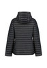 Rückansicht einer schwarzen Daunenjacke mit Kapuze und horizontaler Steppung.