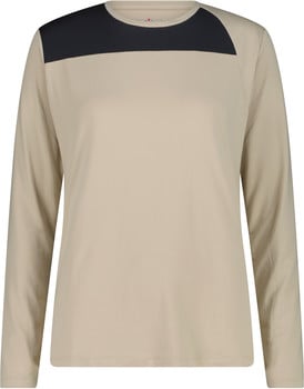Damen-Langarmshirt in Beige mit einem dunklen Streifen über den Schultern.