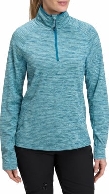 Damen-Pullover in Blau mit langen Ärmeln und kurzem Reißverschluss am Kragen.