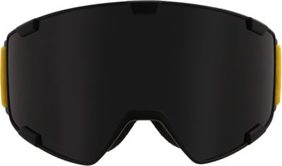 Schwarze Skibrille mit dunklem Visier und gelben Akzenten. Schwarze Skibrille mit dunklem Visier und gelben Akzenten.