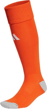 Orange Fußballsocken mit Adidas-Logo und grauen Details.