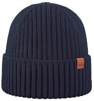Dunkelblaue Rippstrickmütze mit braunem Lederlogo-Patch.