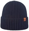 Dunkelblaue Rippstrickmütze mit braunem Lederlogo-Patch.