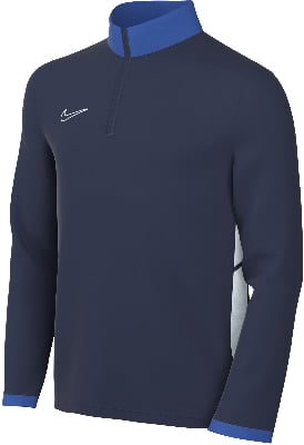 Dunkelblaue Nike-Jacke mit weißem Logo und blauem Kragen. Dunkelblaue Nike-Jacke mit weißem Logo und blauem Kragen.