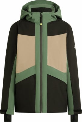 Grüne Herren-Winterjacke mit beige und schwarzen Einsätzen und Reißverschluss.