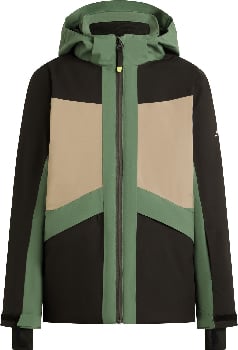 Grüne Herren-Winterjacke mit beige und schwarzen Einsätzen und Reißverschluss.