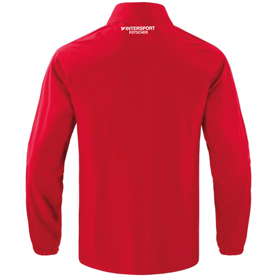 Rote Jacke mit weißem Intersport Pötscher Logo auf dem Rücken.