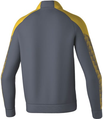Rückansicht einer dunkelgrauen Jacke mit gelben Ärmeln und Muster. Rückansicht einer dunkelgrauen Jacke mit gelben Ärmeln und Muster.