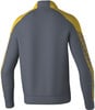 Rückansicht einer dunkelgrauen Jacke mit gelben Ärmeln und Muster.