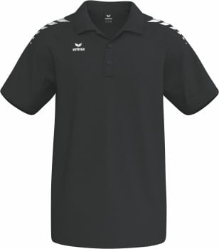 Schwarzes Poloshirt mit weißem Logo und Streifen an den Schultern.