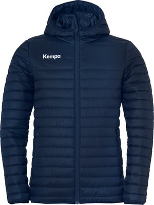 Dunkelblaue Daunenjacke mit Kapuze und Kempa-Logo auf der Brust. Dunkelblaue Daunenjacke mit Kapuze und Kempa-Logo auf der Brust.
