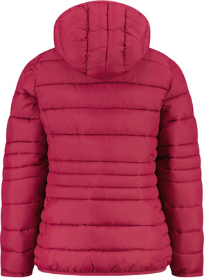 Rückansicht einer gesteppten rosa Jacke mit Kapuze. Rückansicht einer gesteppten rosa Jacke mit Kapuze.