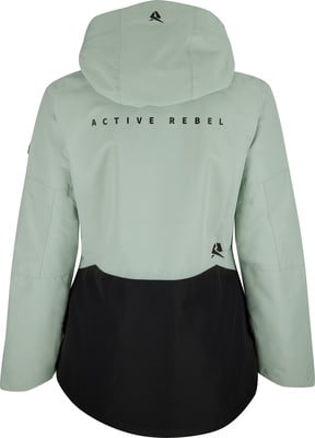Rückseite einer hellgrünen Jacke mit schwarzem Unterteil und Logo Rückseite einer hellgrünen Jacke mit schwarzem Unterteil und Logo