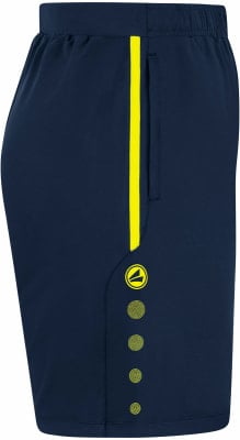 Marineblaue Shorts mit gelbem Streifen und Logo, mit mehreren Kreisen.
