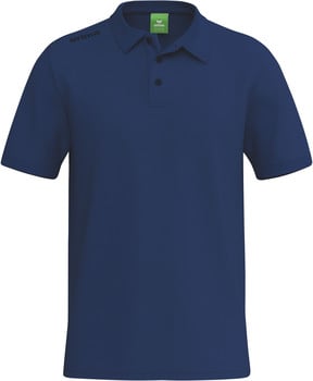 Ein dunkelblaues Poloshirt mit kurzen Ärmeln und Erima-Logo auf der Schulter.