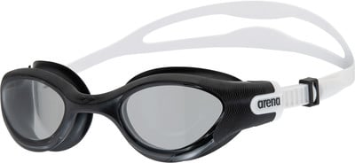 Schwarze Schwimmbrille mit weißem Band und grauen Gläsern. Schwarze Schwimmbrille mit weißem Band und grauen Gläsern.