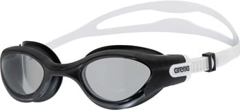 Schwarze Schwimmbrille mit weißem Band und grauen Gläsern.
