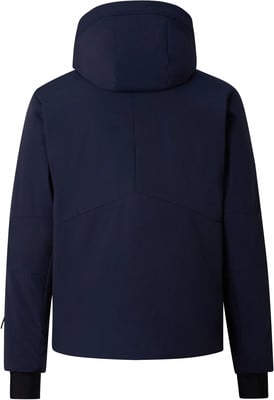 Rückansicht einer dunkelblauen Kapuzenjacke mit schwarzen Bündchen. Rückansicht einer dunkelblauen Kapuzenjacke mit schwarzen Bündchen.