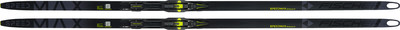 Zwei schwarze Fischer Speedmax Ski mit Bindung, von oben gezeigt. Zwei schwarze Fischer Speedmax Ski mit Bindung, von oben gezeigt.