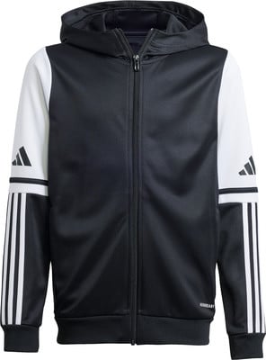 Schwarze Kapuzenjacke mit weißen Ärmeln und Adidas-Logo.