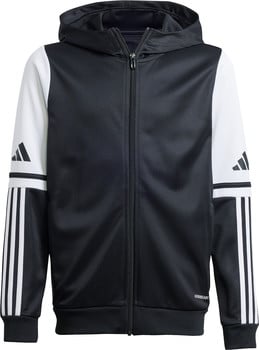 Schwarze Kapuzenjacke mit weißen Ärmeln und Adidas-Logo.