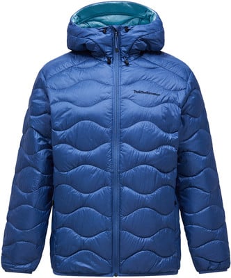Blaue Daunenjacke mit Kapuze und Wellensteppung.