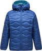 Blaue Daunenjacke mit Kapuze und Wellensteppung.