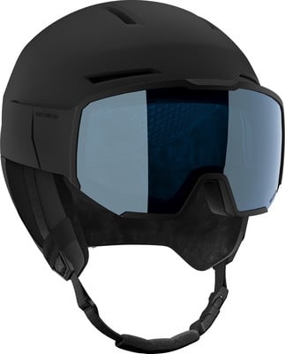 Schwarzer Salomon Skihelm mit integrierter blauer Skibrille. Schwarzer Salomon Skihelm mit integrierter blauer Skibrille.