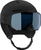 Schwarzer Salomon Skihelm mit integrierter blauer Skibrille.