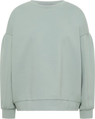 Hellgrüner Pullover mit langen Ärmeln und Rundhalsausschnitt.