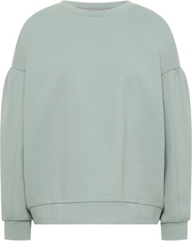 Hellgrüner Pullover mit langen Ärmeln und Rundhalsausschnitt.