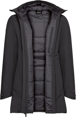 Schwarze Jacke mit Kapuze und gestepptem Futter, Reißverschluss. Schwarze Jacke mit Kapuze und gestepptem Futter, Reißverschluss.