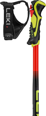 Schwarzer Leki Skistockgriff mit roten und gelben Akzenten.