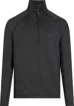 Herren-Pullover in Schwarz mit Stehkragen, kurzem Reißverschluss und feinem Streifenmuster.