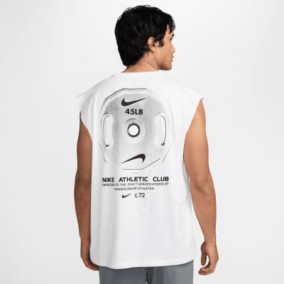 Weißes ärmelloses Shirt mit Gewichtscheiben-Aufdruck und Nike-Logo.