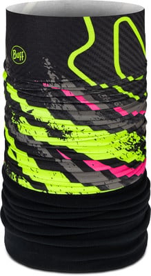 Schwarzer Multifunktionsschal mit neongrünen und pinken Mustern.