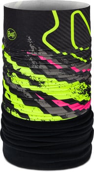 Schwarzer Multifunktionsschal mit neongrünen und pinken Mustern.