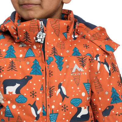 Orange Kinderjacke mit Pinguin- und Baumdruck. Orange Kinderjacke mit Pinguin- und Baumdruck.