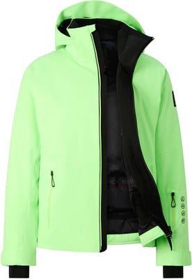 Grüne Skijacke mit schwarzem Innenfutter und Reißverschluss.