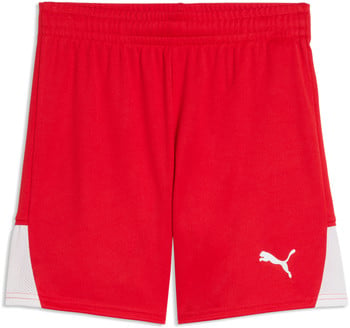 Rote Puma-Shorts mit weißem Logo und seitlichen Mesh-Einsätzen.