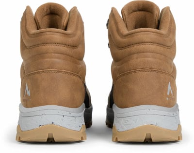 Rückansicht eines Paares brauner Winterstiefel mit Logo auf der Ferse. Rückansicht eines Paares brauner Winterstiefel mit Logo auf der Ferse.
