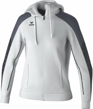 Weiße Herrenjacke von Erima mit dunkelgrauen Ärmeln und Kapuze.