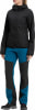 Damen-schwarze Jacke mit Kapuze und blau-schwarzer Hose.