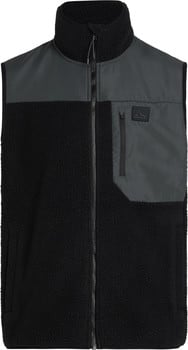 Schwarze Herrenweste aus Fleece mit grauen Einsätzen und Tasche.