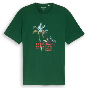 Zöld póló pálmafás mintával és Tropical Paradise felirattal.