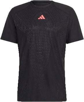 Schwarzes Adidas-T-Shirt mit rosa Logo und Textur.